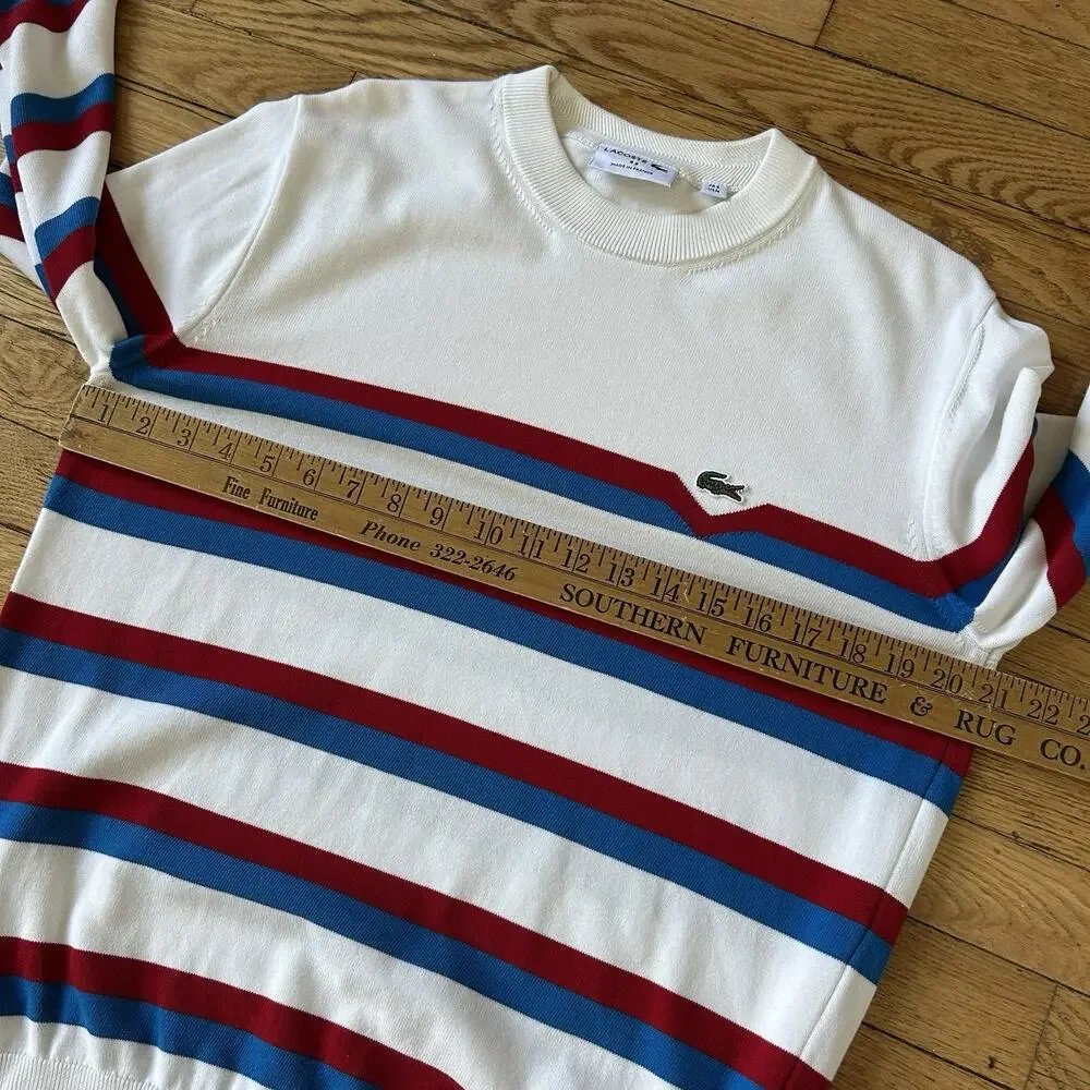 Lacoste AH6788 Made in France Striped Organic Cotton Sweater M White Red Blue